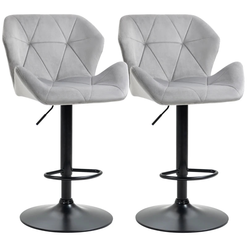 Set of 2 Grey Velvet Bar Stools Adjustable Swivel Breakfast Chairs with Footrest & Metal Base