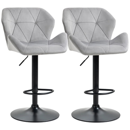 Set of 2 Grey Velvet Bar Stools Adjustable Swivel Breakfast Chairs with Footrest & Metal Base
