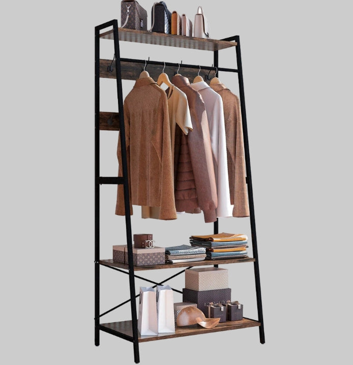 Industrial Clothes Rail Rack with Shelves & Hooks Freestanding Garment Stand Wardrobe Organizer