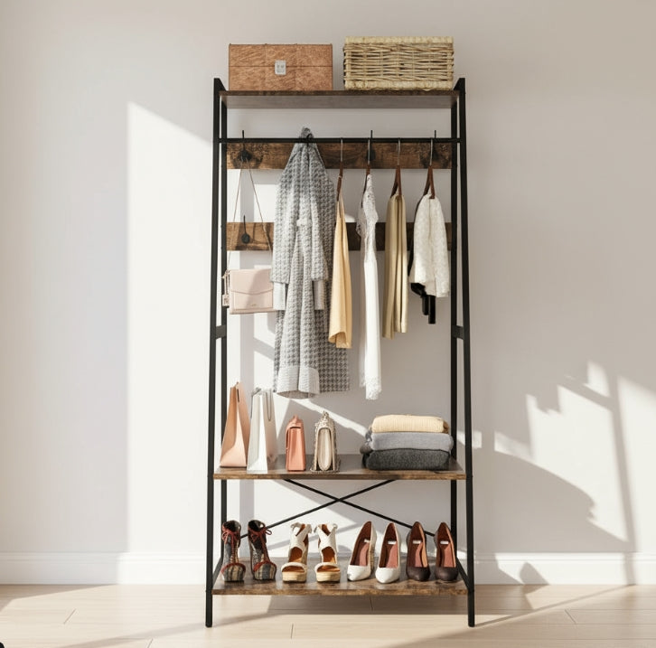 Industrial Clothes Rail Rack with Shelves & Hooks Freestanding Garment Stand Wardrobe Organizer