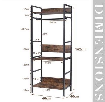 Industrial Clothes Rail Garment Rack with Shelves & Hanging Bar Freestanding Wardrobe Stand
