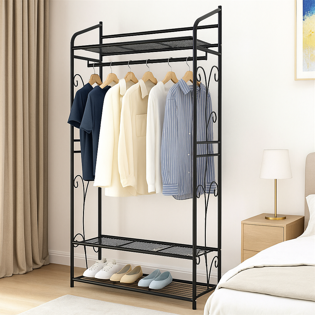 Heavy Duty Garment Clothes Rail Rack with Shelves Metal Coat Stand Hanging Pole Black