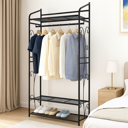 Heavy Duty Garment Clothes Rail Rack with Shelves Metal Coat Stand Hanging Pole Black