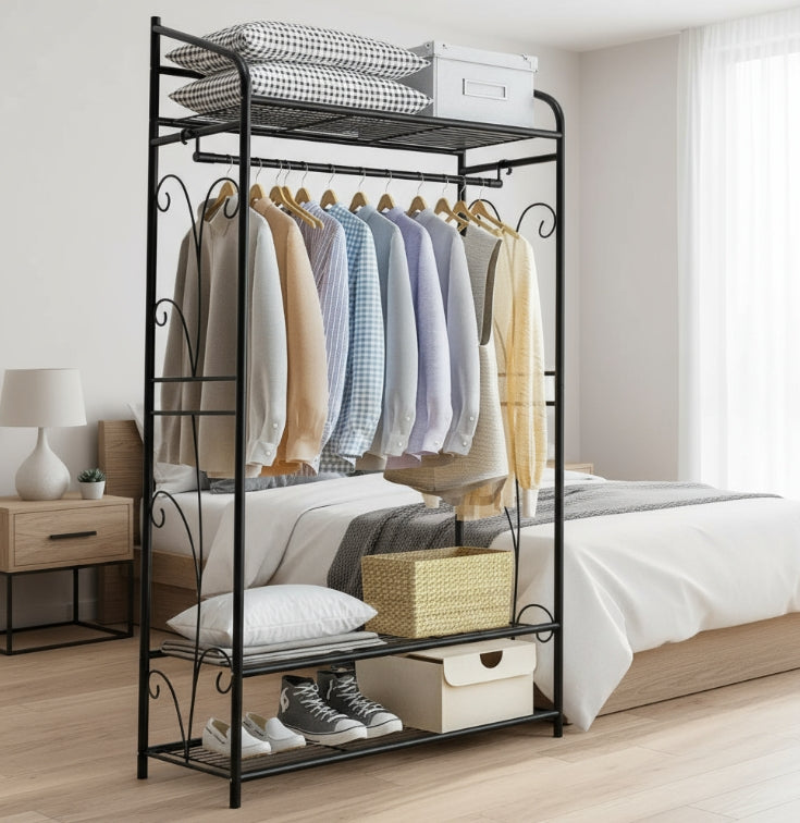 Heavy Duty Garment Clothes Rail Rack with Shelves Metal Coat Stand Hanging Pole Black