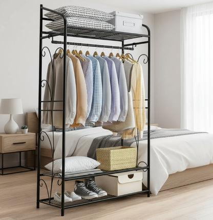 Heavy Duty Garment Clothes Rail Rack with Shelves Metal Coat Stand Hanging Pole Black