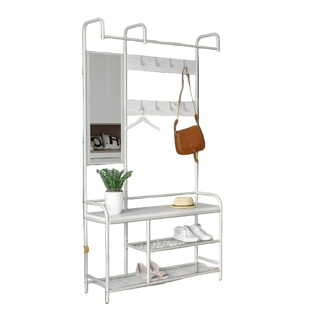 Entryway Coat Hanger Stand with Shoe Bench & Mirror Black Rustic Oak Hallway Storage Unit