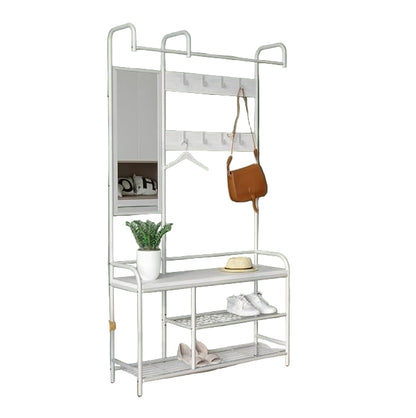 Entryway Coat Hanger Stand with Shoe Bench & Mirror Black Rustic Oak Hallway Storage Unit