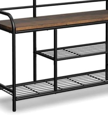 Entryway Coat Hanger Stand with Shoe Bench & Mirror Black Rustic Oak Hallway Storage Unit