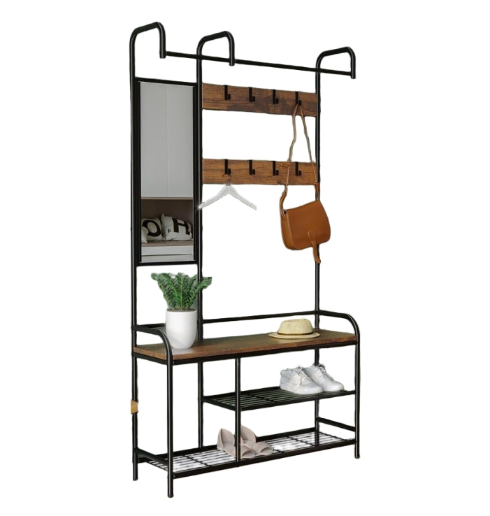 Entryway Coat Hanger Stand with Shoe Bench & Mirror Black Rustic Oak Hallway Storage Unit
