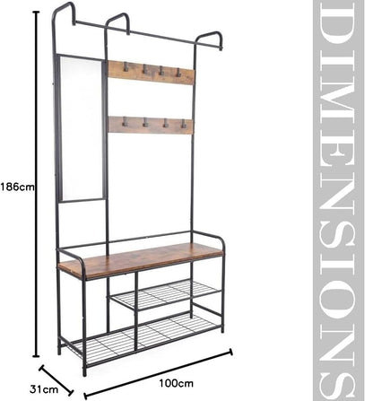 Entryway Coat Hanger Stand with Shoe Bench & Mirror Black Rustic Oak Hallway Storage Unit