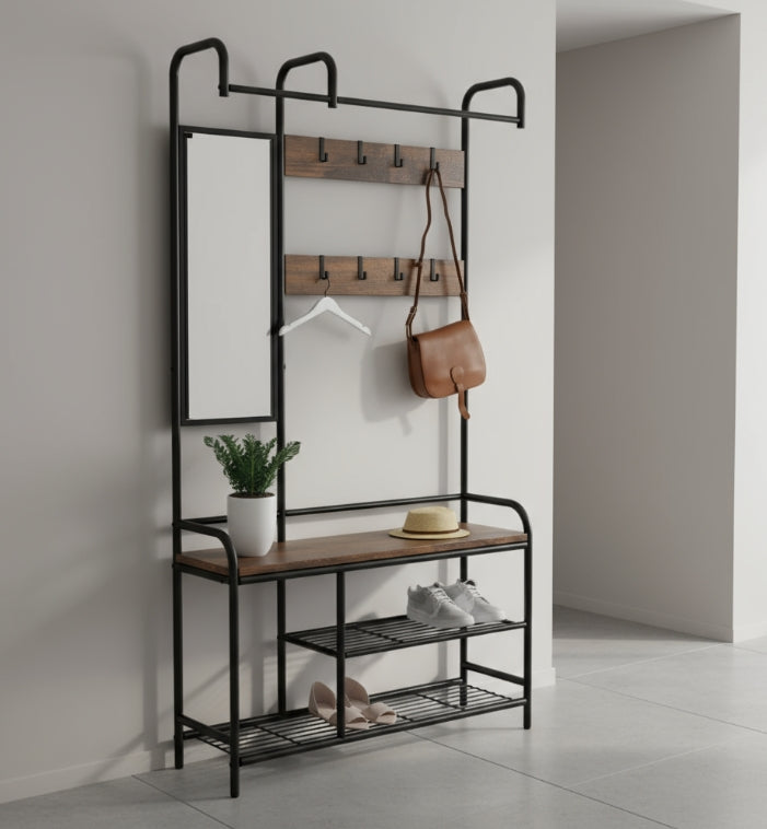Entryway Coat Hanger Stand with Shoe Bench & Mirror Black Rustic Oak Hallway Storage Unit