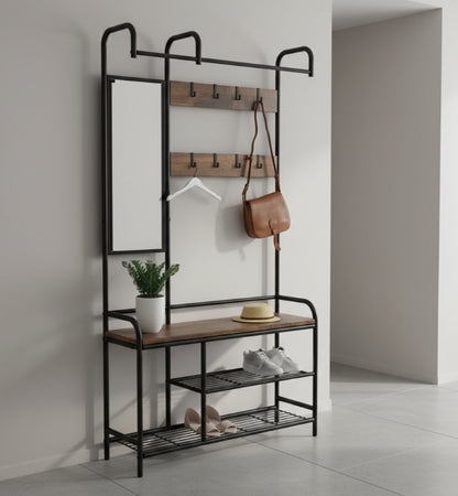 Entryway Coat Hanger Stand with Shoe Bench & Mirror Black Rustic Oak Hallway Storage Unit