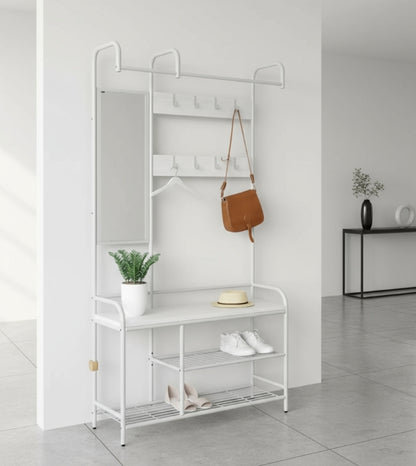 Entryway Coat Hanger Stand with Shoe Bench & Mirror Black Rustic Oak Hallway Storage Unit