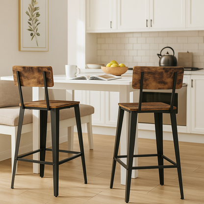 Bar Stool Set of 2 Rustic Brown & Black Industrial Kitchen Chairs with Backrest & Footrest