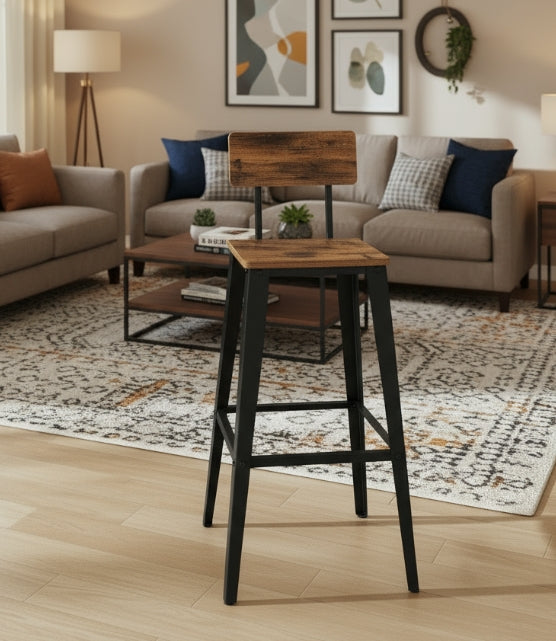 Bar Stool Set of 2 Rustic Brown & Black Industrial Kitchen Chairs with Backrest & Footrest