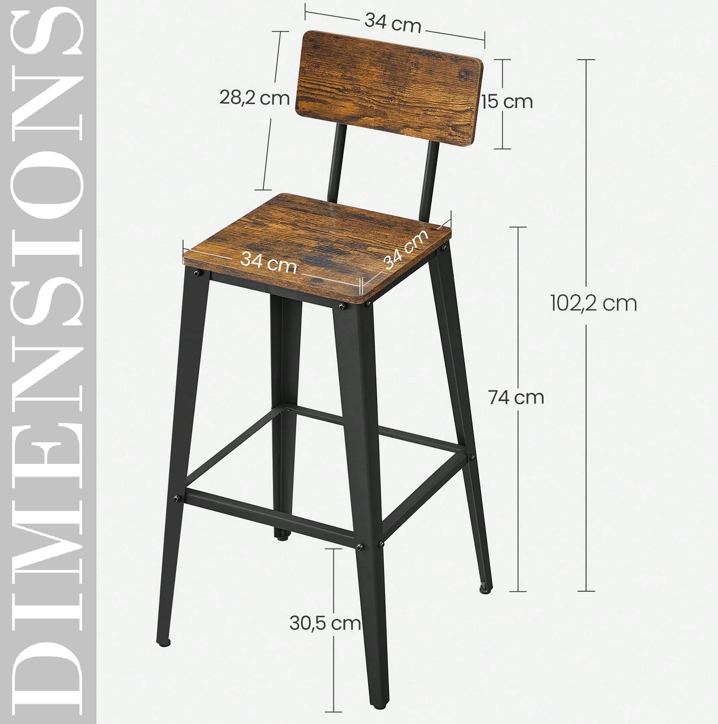 Bar Stool Set of 2 Rustic Brown & Black Industrial Kitchen Chairs with Backrest & Footrest