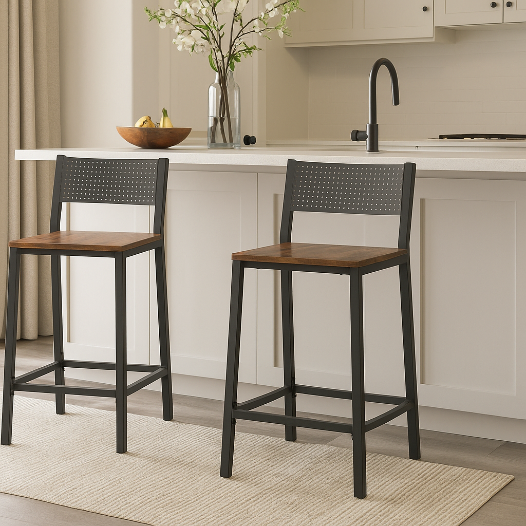 Two bar stools with wooden seats and black metal frames in a kitchen setting.