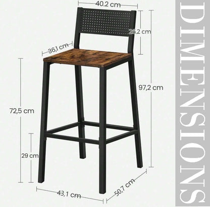 Set of 2 Industrial Bar Stools Rustic Brown & Black Breakfast Kitchen Counter Chairs