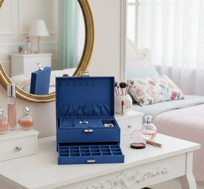 3-Layer Blue Jewellery Box with Lock, Drawer Organizer for Rings, Earrings & Necklaces