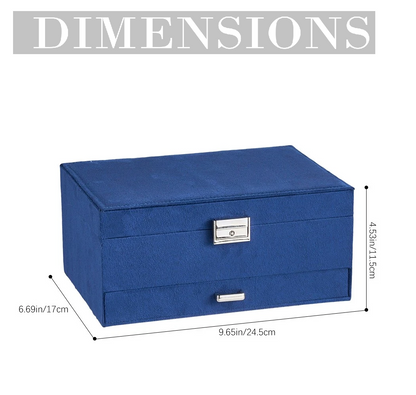 3-Layer Blue Jewellery Box with Lock, Drawer Organizer for Rings, Earrings & Necklaces