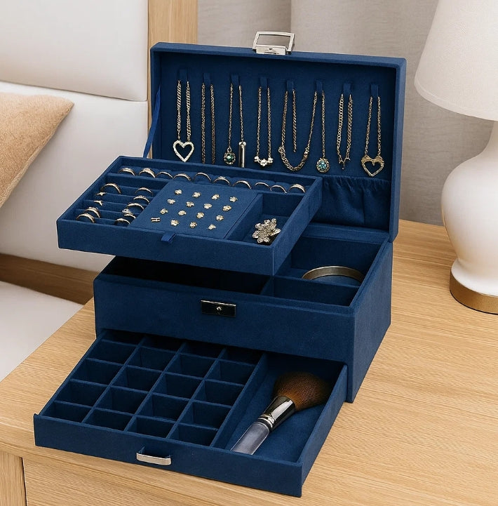3-Layer Blue Jewellery Box with Lock, Drawer Organizer for Rings, Earrings & Necklaces