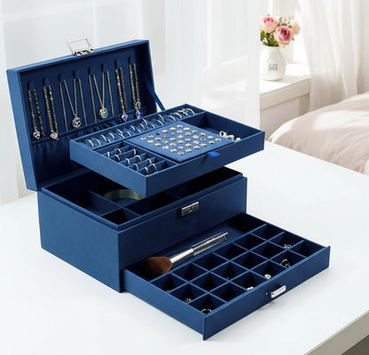 3-Layer Blue Jewellery Box with Lock, Drawer Organizer for Rings, Earrings & Necklaces