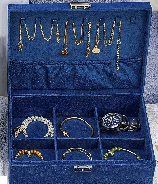 3-Layer Blue Jewellery Box with Lock, Drawer Organizer for Rings, Earrings & Necklaces