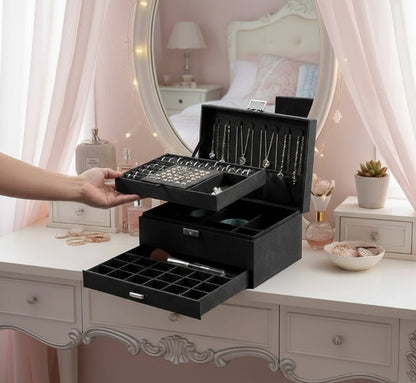 3-Layer Black Jewellery Box with Lock, Drawer Organizer for Rings, Earrings & Necklaces