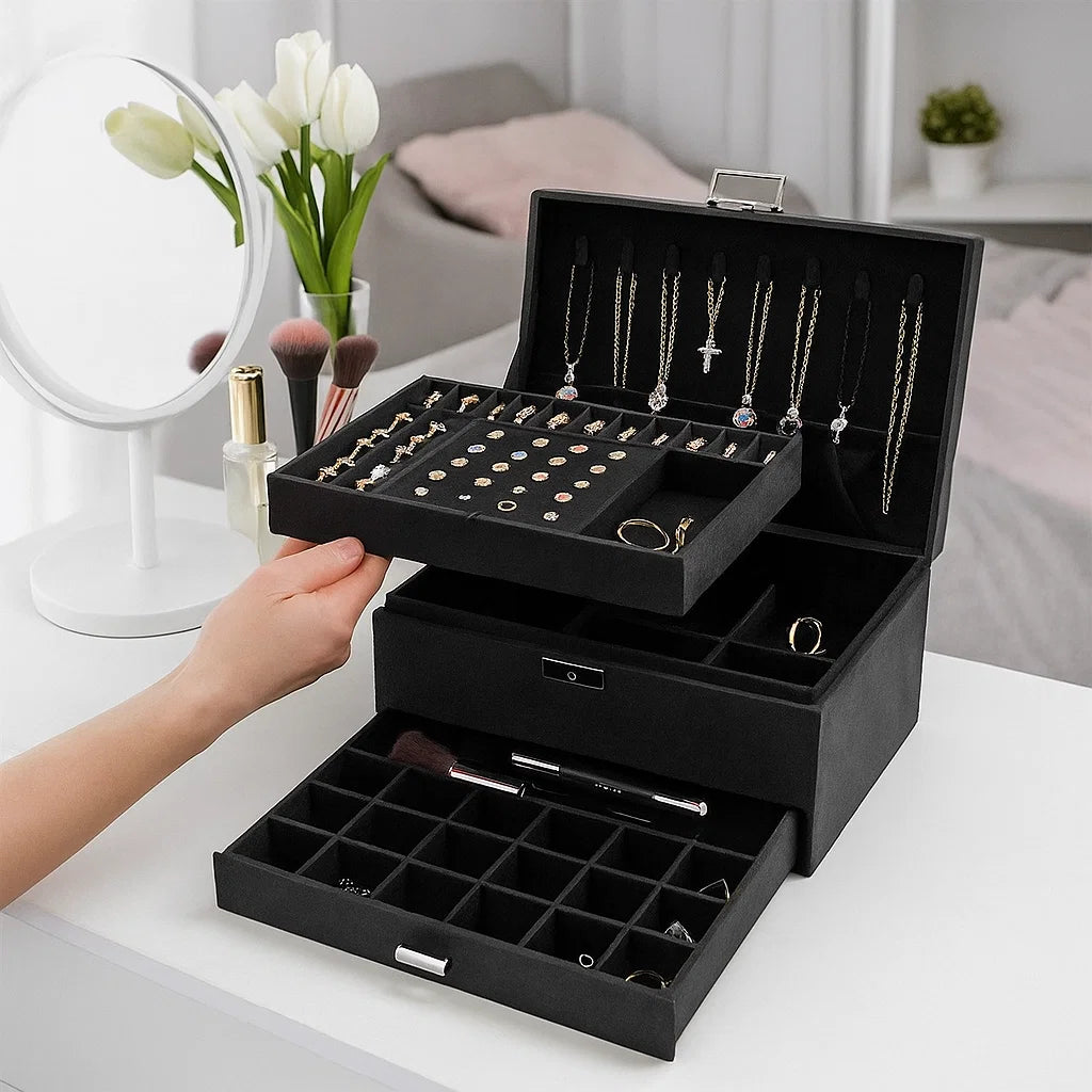 3-Layer Black Jewellery Box with Lock, Drawer Organizer for Rings, Earrings & Necklaces