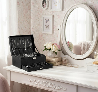 3-Layer Black Jewellery Box with Lock, Drawer Organizer for Rings, Earrings & Necklaces