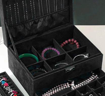 3-Layer Black Jewellery Box with Lock, Drawer Organizer for Rings, Earrings & Necklaces