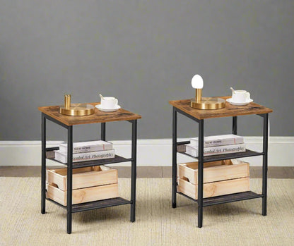 Set of two rustic brown and black side tables with adjustable mesh shelves in industrial style

