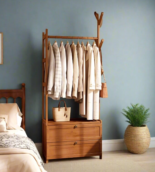 Heavy duty bamboo clothes rail rack with drawers and hooks in natural wood for bedroom or entryway storage

