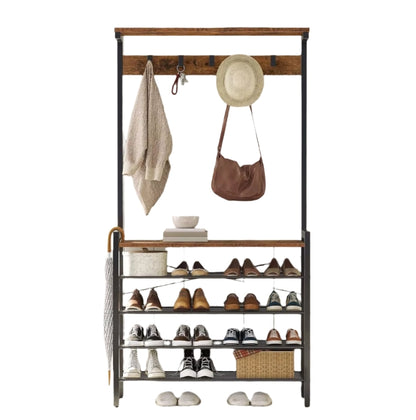 Entryway Coat Rack Stand with Shoe Storage Shelves – Industrial Hallway Organiser