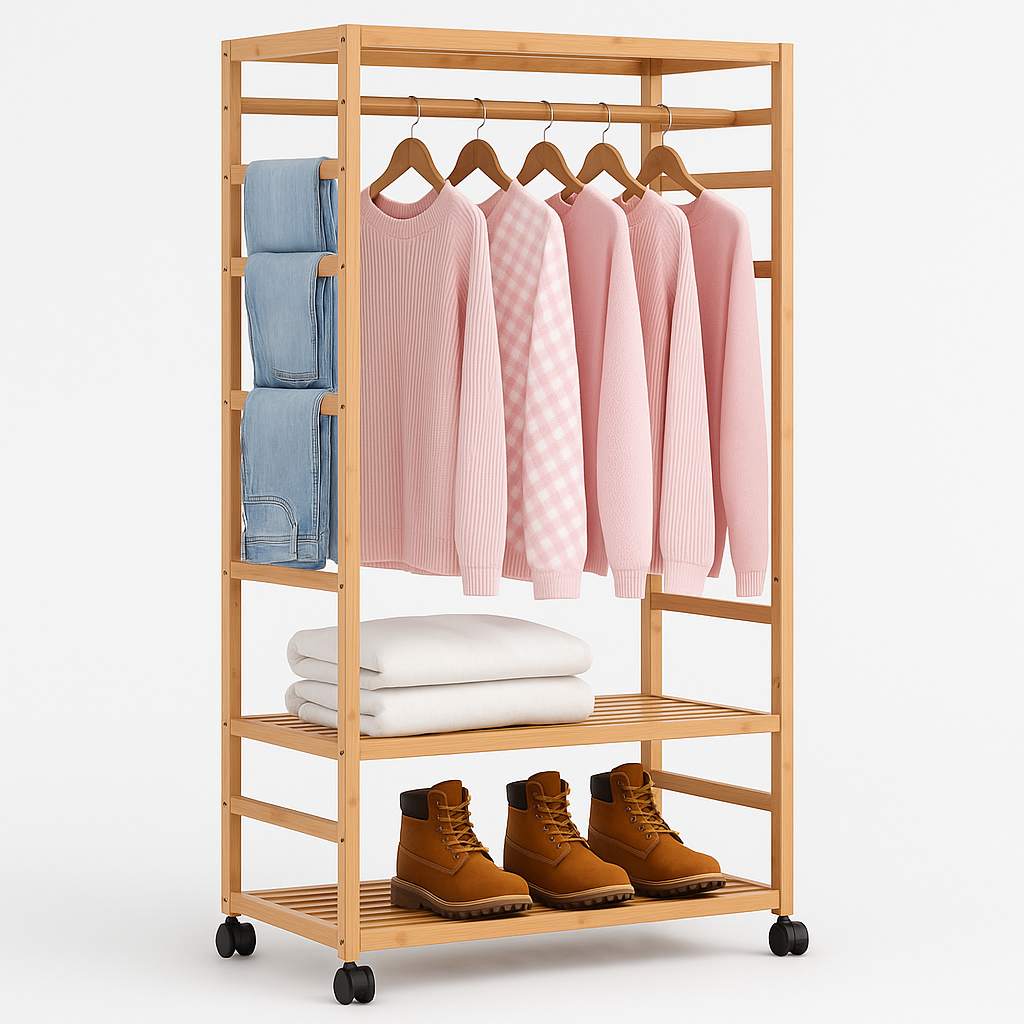 Wooden Clothes Rail Garment Rack with Storage Shelves & Pulley Wheels – Natural Wood Coat & Clothes Hanger Stand