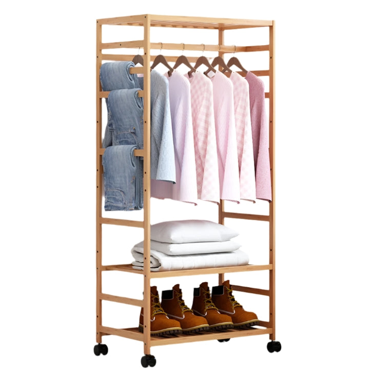 Wooden Clothes Rail Garment Rack with Storage Shelves & Pulley Wheels – Natural Wood Coat & Clothes Hanger Stand