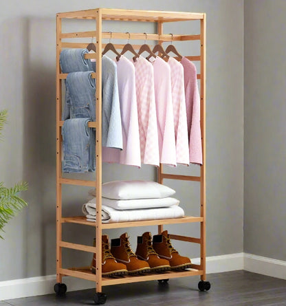 Wooden Clothes Rail Garment Rack with Storage Shelves & Pulley Wheels – Natural Wood Coat & Clothes Hanger Stand