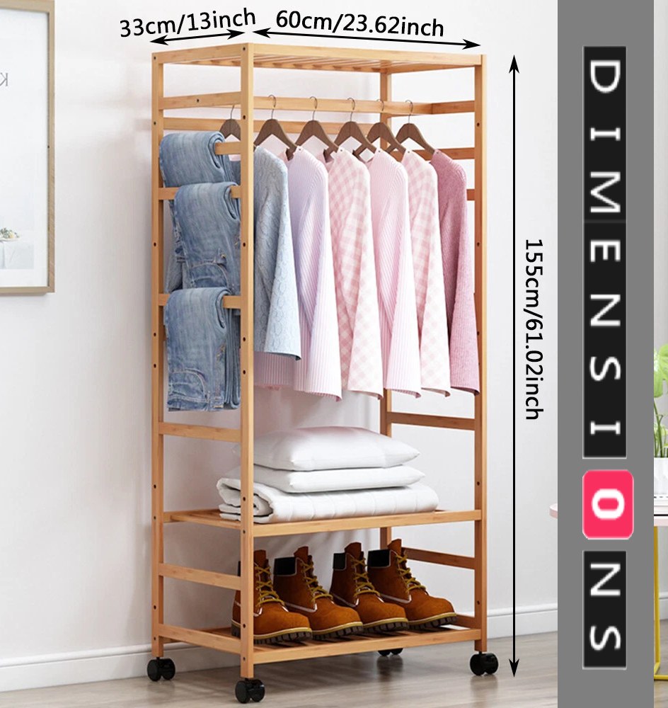 Wooden Clothes Rail Garment Rack with Storage Shelves & Pulley Wheels – Natural Wood Coat & Clothes Hanger Stand