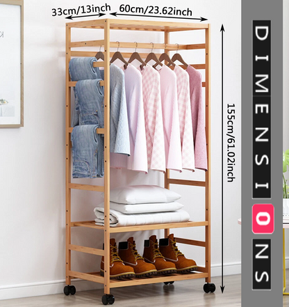 Wooden Clothes Rail Garment Rack with Storage Shelves & Pulley Wheels – Natural Wood Coat & Clothes Hanger Stand