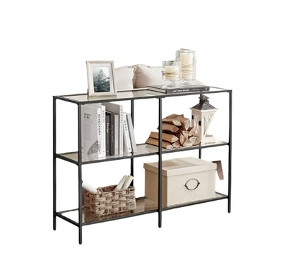 Modern 3-Tier Console Table with Tempered Glass Shelves & Black Steel Frame – 100 x 30 x 73 cm