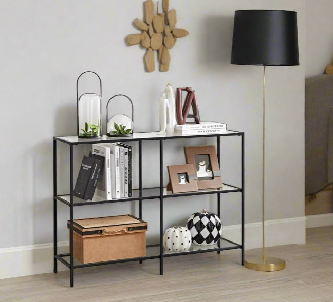 Modern 3-Tier Console Table with Tempered Glass Shelves & Black Steel Frame – 100 x 30 x 73 cm