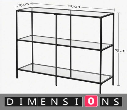 Modern 3-Tier Console Table with Tempered Glass Shelves & Black Steel Frame – 100 x 30 x 73 cm