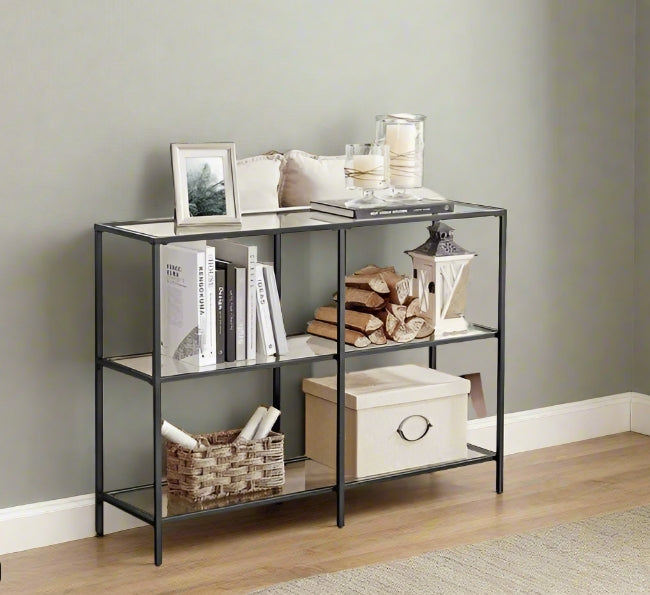 Modern 3-Tier Console Table with Tempered Glass Shelves & Black Steel Frame – 100 x 30 x 73 cm