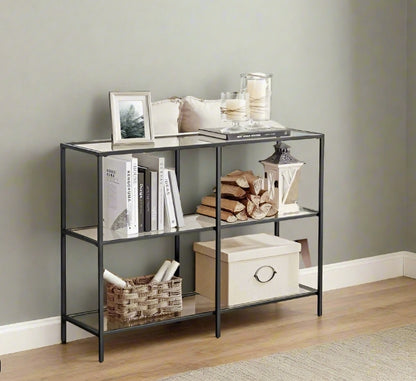 Modern 3-Tier Console Table with Tempered Glass Shelves & Black Steel Frame – 100 x 30 x 73 cm