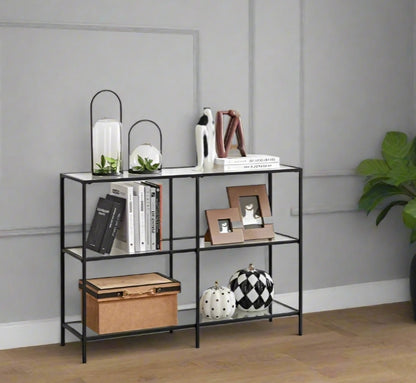 Modern 3-Tier Console Table with Tempered Glass Shelves & Black Steel Frame – 100 x 30 x 73 cm