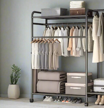 Heavy Duty Double Clothes Rail Rack with Wheels & Storage Shelves