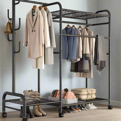 Heavy Duty Double Clothes Rail Rack with Wheels & Storage Shelves