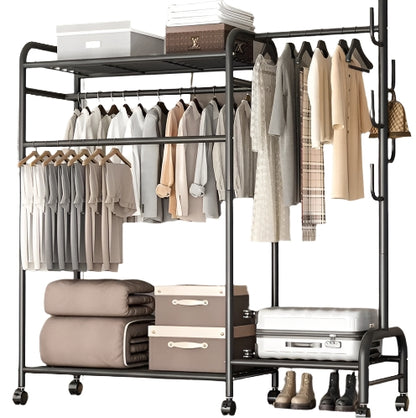 Heavy Duty Double Clothes Rail Rack with Wheels & Storage Shelves