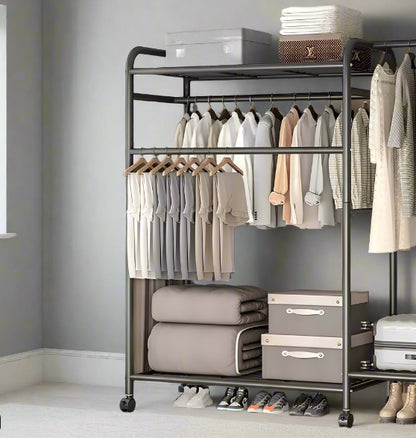 Heavy Duty Double Clothes Rail Rack with Wheels & Storage Shelves