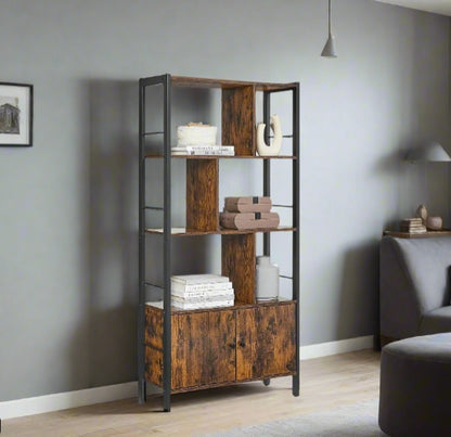 Industrial 4-Tier Bookcase with Doors